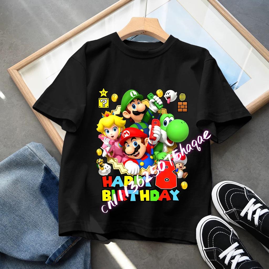 Cartoon Super Marios Children Birthday Number TShirt Clothes Party Figure Print Boys BabyTShirt Blue Short Sleeve Tops Tee Gift