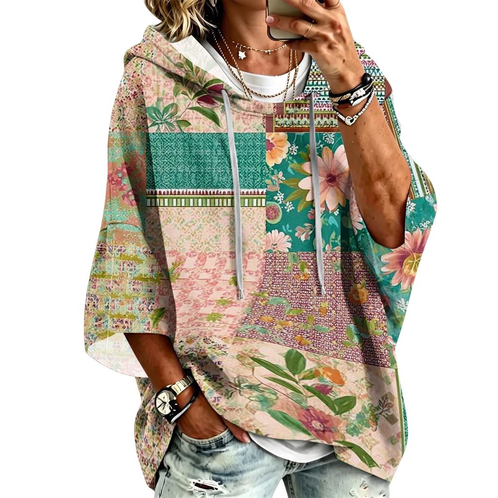 Women's Fashion Hooded Pullover Top with Three-Quarter Sleeves and Patchwork Print