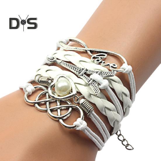 

Плетеный браслет из искусственной кожи с многослойным узором, ретро-многослойный плетеный браслет в виде башни из шнура для мужчин и женщин белый