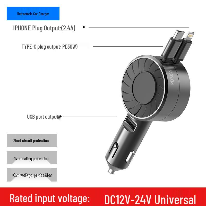 

Cross-Border Retractable PD30W Super Fast 3-Port Car Charger with USB Ports. 9th Gen PD30W T+P чёрный