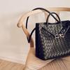 Niche metal rope buckle woven tote bag leather shoulder handheld women's bag large capacity retro old money wind tote