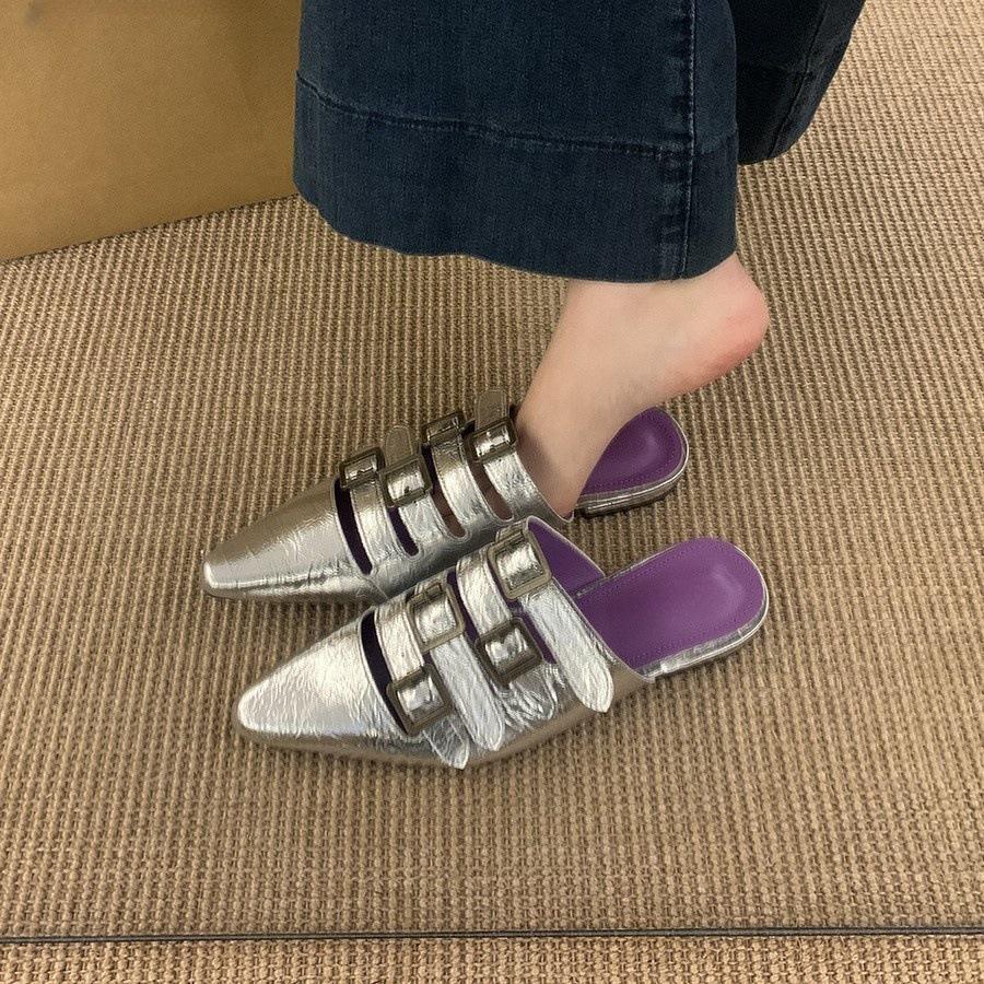 Fashion 2025 Women's Fashion Baotou Slippers Summer New Pointed Hollow Metal Buckle Soft Sole Anti-slip Wear-resistant Flat Sandals