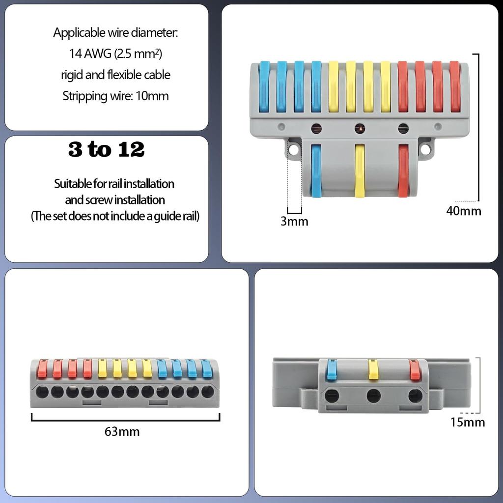 CTRICALVER Quick Splice Electrical Terminal Assortment 14AWG Pin Wiring Rail Screw Mount Compatible 2.5mm², 3-12 Connectors, 4-Pack - &