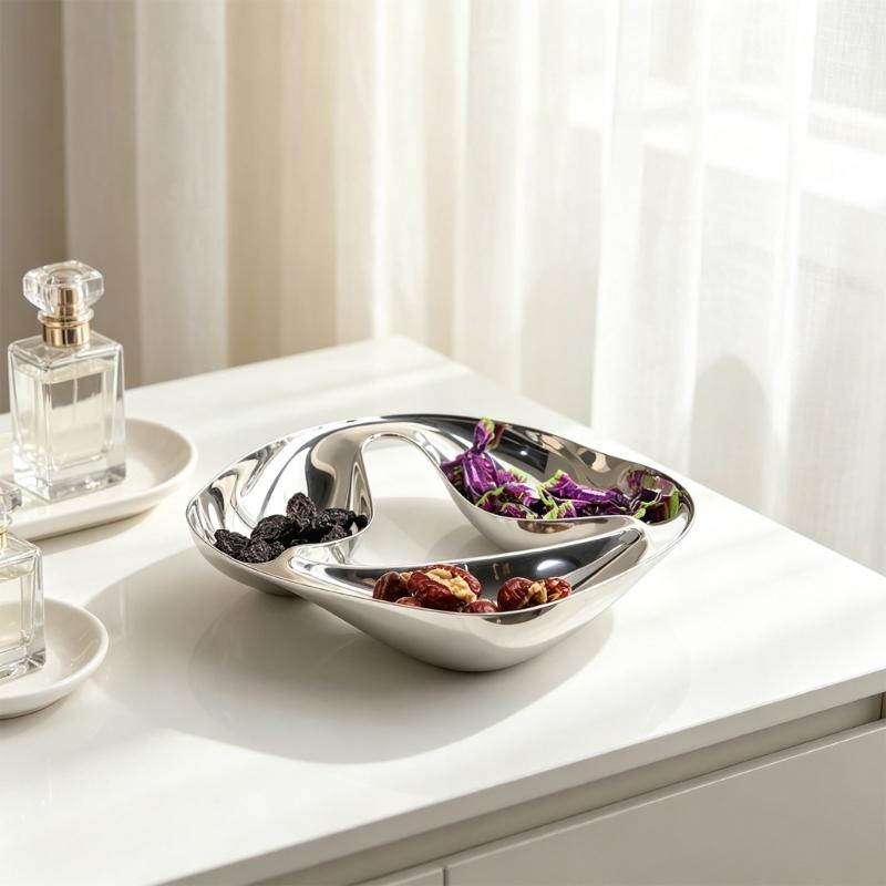 Treat Serving Bowl with Flowing Shallow Profile, Silver-Tone Metal Candy Dish for Dried Fruit, Afternoon Tea, Coffee Tables and Guest Gatherings