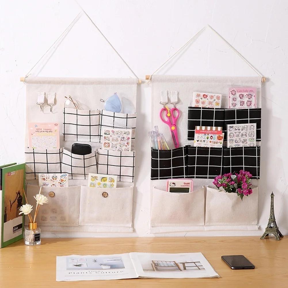 Cotton Linen Hanging Storage Bag 7 Pockets Waterproof Organizer for Bathroom Bedroom Wardrobe Wall Mount Home Storage Solution