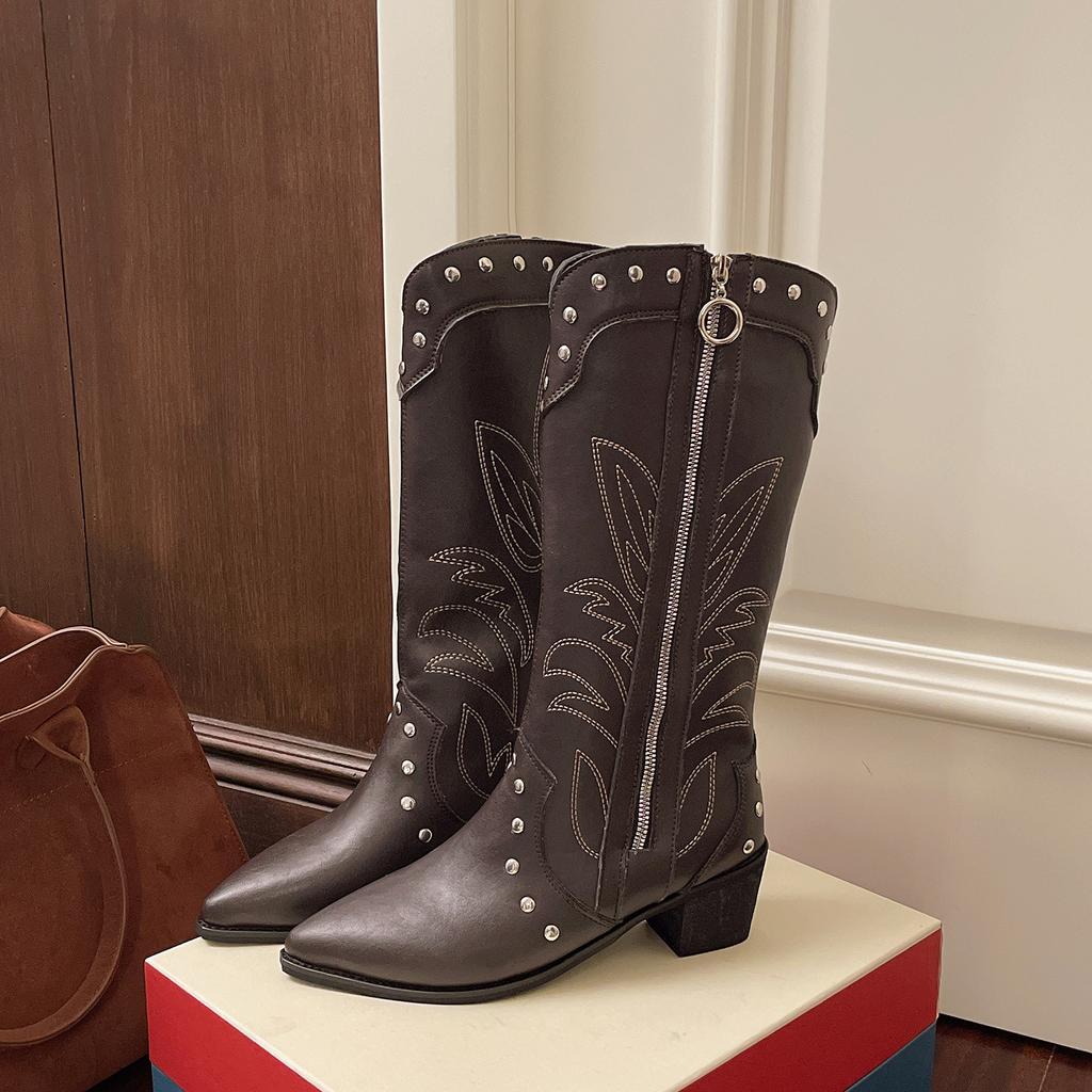 Fashion Trend Retro Black High-end Thick Heel Boots Women's Summer 2025 New with Skirt Western Cowboy Boots