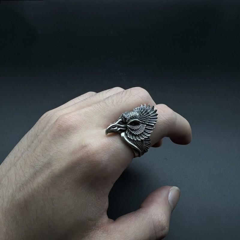 Adjustable Wide Open Ring With Dual Phoenix Motif Vintage Style Sterling Unisex Statement Jewelry