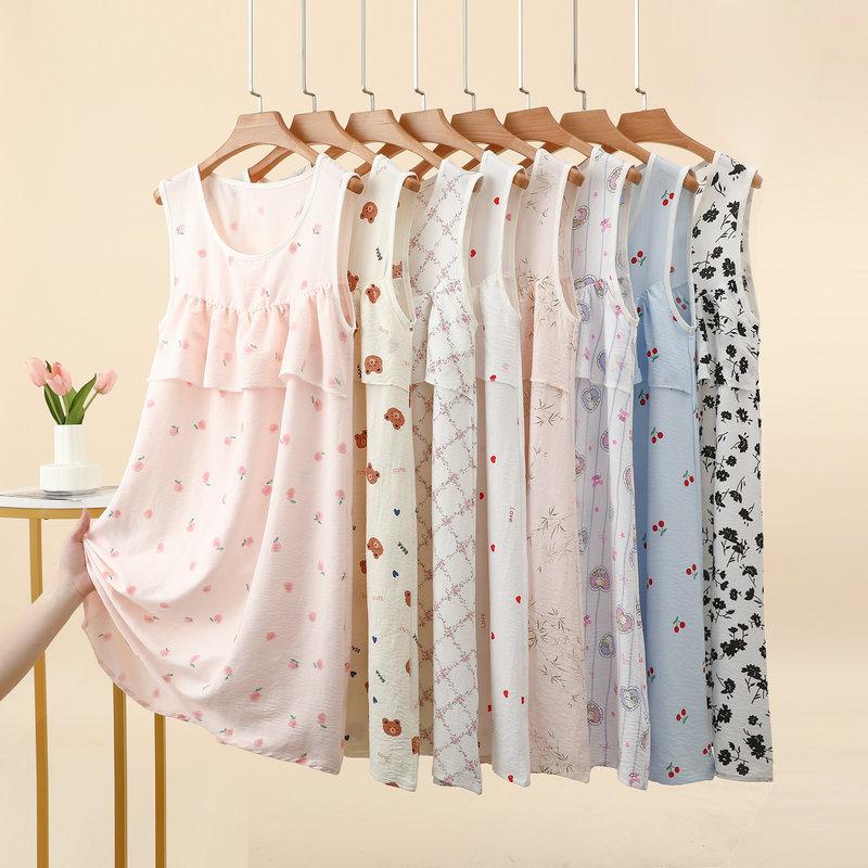 Summer Women's Floral Tank Dress Sleeveless Sleepdress Cloud Silk Cotton Anti-Bulge Camis Nightdress Loose Plus Size Loungewear Casual Wear Nightgown