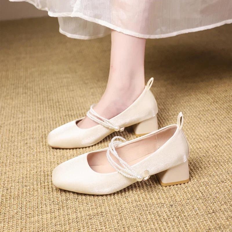 Fashion 2024 New Designer Women's Mary Jane Shoes Fashion Solid Color Light Slip-on Block Heel Women's Outdoor Dress Elegant Zapatos