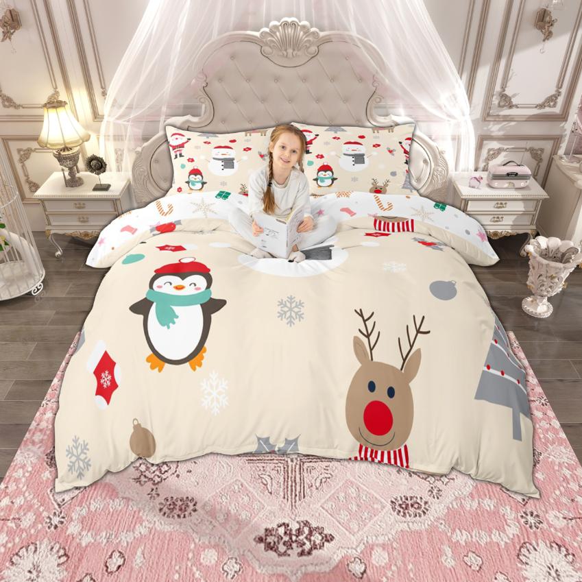 Homewish Kids Merry Christmas Duvet Cover Set, Cute Snowman Santa Claus Bedding, Tree Quilt Cover Set