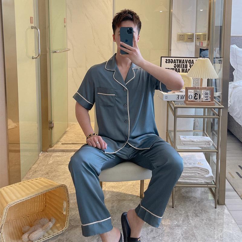 2023 Men's Ice Silk Pajama Set: Short Sleeve Top & Long Pants for Teens