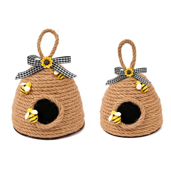 Woven Rope Bee Hive Hanging Ornament Handmade Rustic Pendant with Sunflower And Bowknot for Bedroom Living Room Farmhouse Spring Party Decor