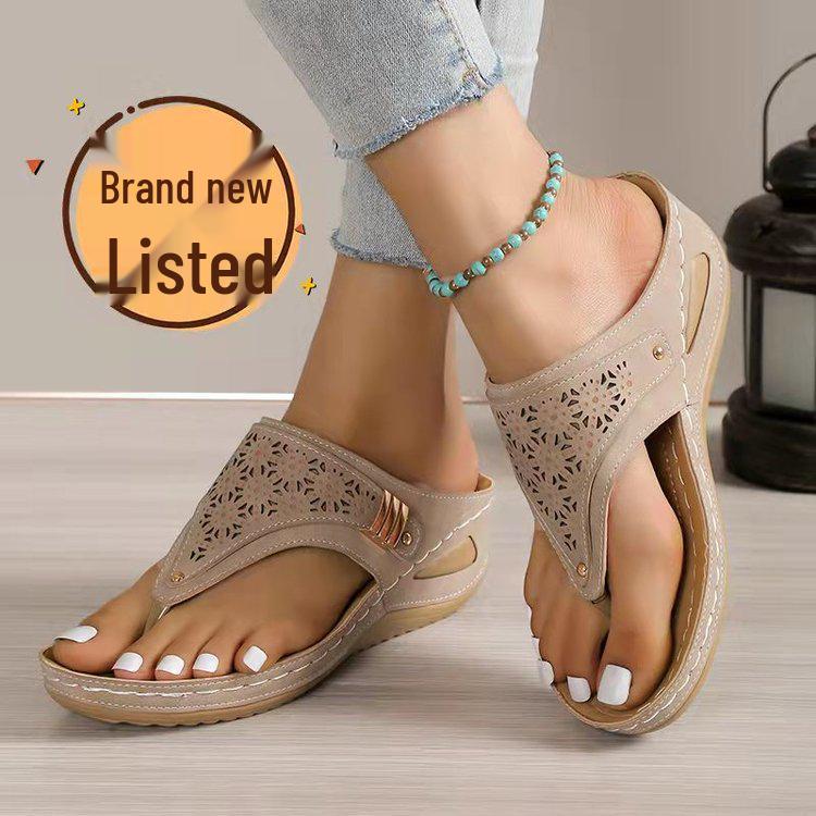 2024 Summer Women's Plus Size Round Toe Thick Sole Fashion Sandals - Solid Color & Hollow Out Thong Style