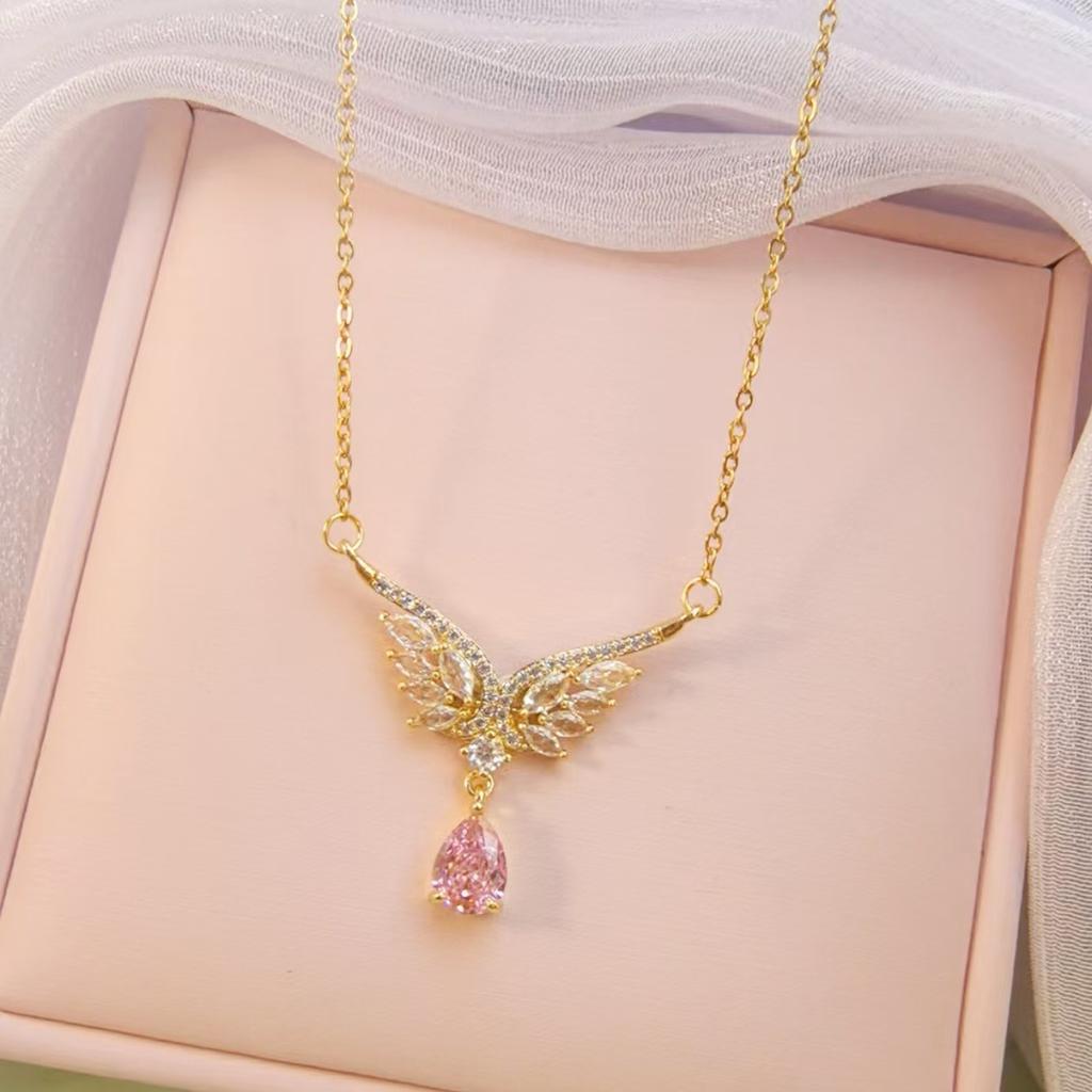 Titanium Steel Zircon Angel Wings Necklace Female, High Sense Light Luxury Temperament, Water Drop Pendant Collarbone Chain