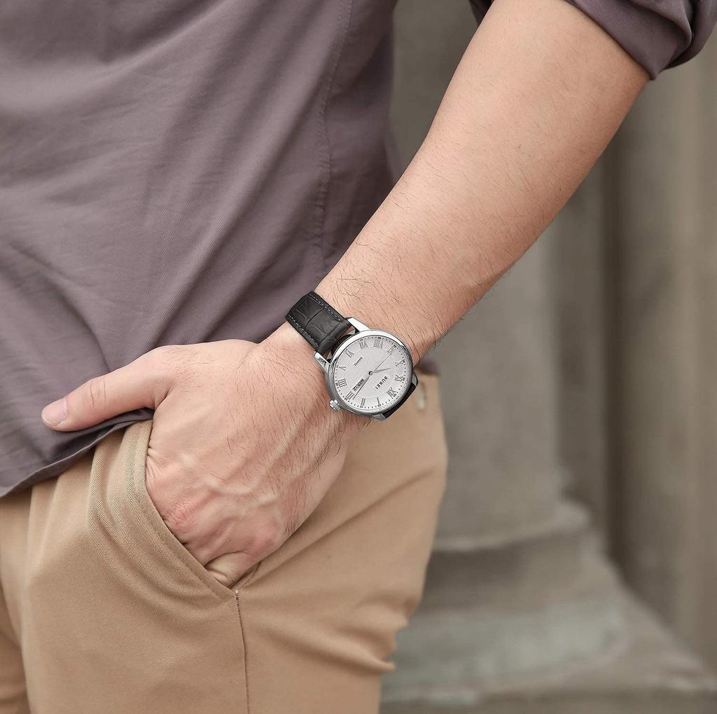 BUREI Men's Leather Watch, Popular Brand, Analog, Roman Numeral, Simple Design, Waterproof, Stylish, Commuter, Business, Silver White