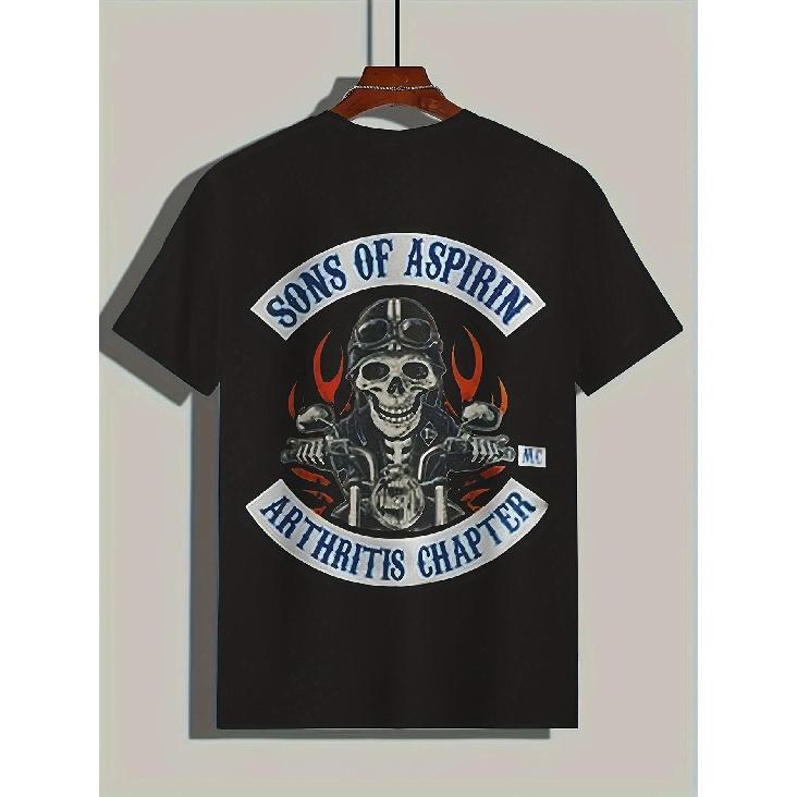 Men S Skeleton Motorcycle Graphic T-Shirt -  Sons of Aspirin  &  Arthritis Chapter  Design, Black Casual Crew Neck Tee for Summer Outdoor Wear, S чёрный