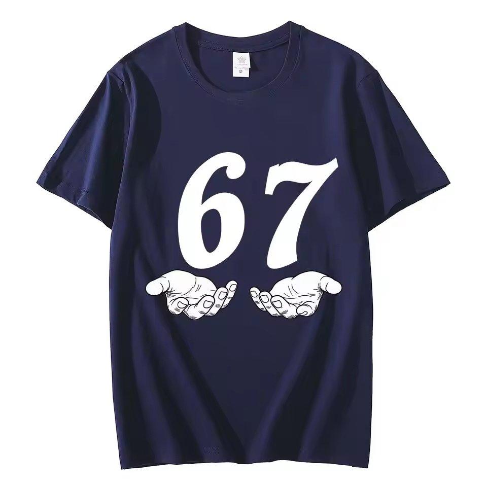 Amerikanischer Stil Six Seven 67 Cartoon Reine Baumwolle Bedruckt Sommer Neuer Modetrend T-Shirt für Unisex und Damen Locker Freizeit T-Shirt