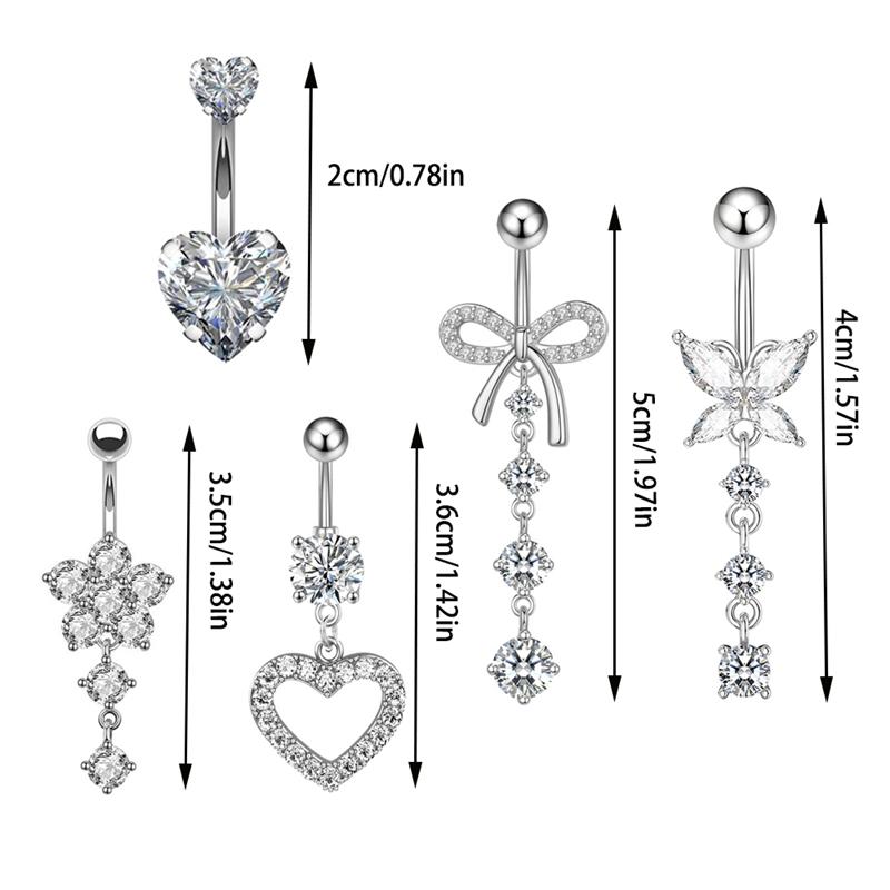 Set 5 316L Steel Bow Hollow Heart-Shaped Belly Button Rings Shiny Zircon Inlay Navel Piercing Jewelry Fashion Jewelry