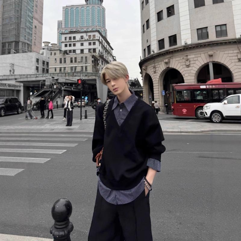 Men's Spring Autumn New Korean Style Fake Two-Piece Shirt Collar Spliced Hoodie High-End Sense Loose Long Sleeve Trendy