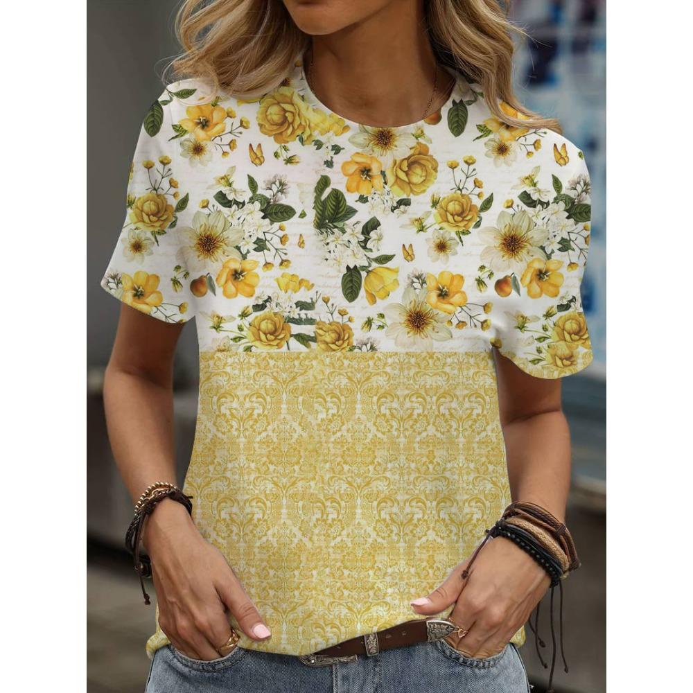 Basic Loose-Fit Color-Blocked T-Shirt, Casual Short-Sleeve Round-Neck
