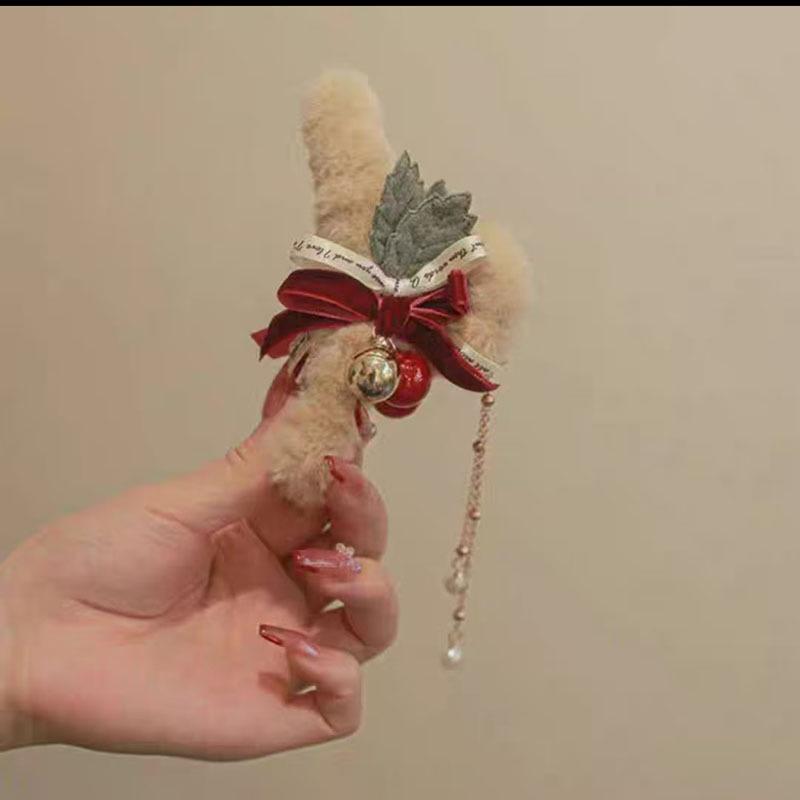 High-End Holiday Plush Bow & Tassel Hair Clip - Large Shark Claw Clip for Women