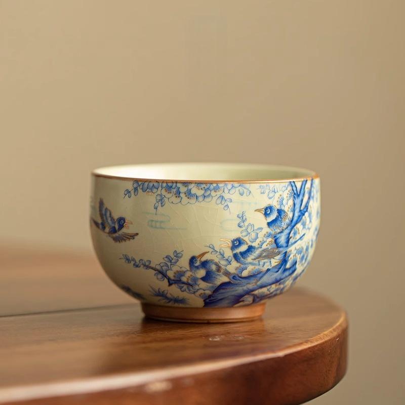 1 Pc Chinese Handmade Flowers and Birds Ceramic Tea Cup Ru Kiln Tea Bowl Household Master Teacup Travel Personal Tea Set 140ml