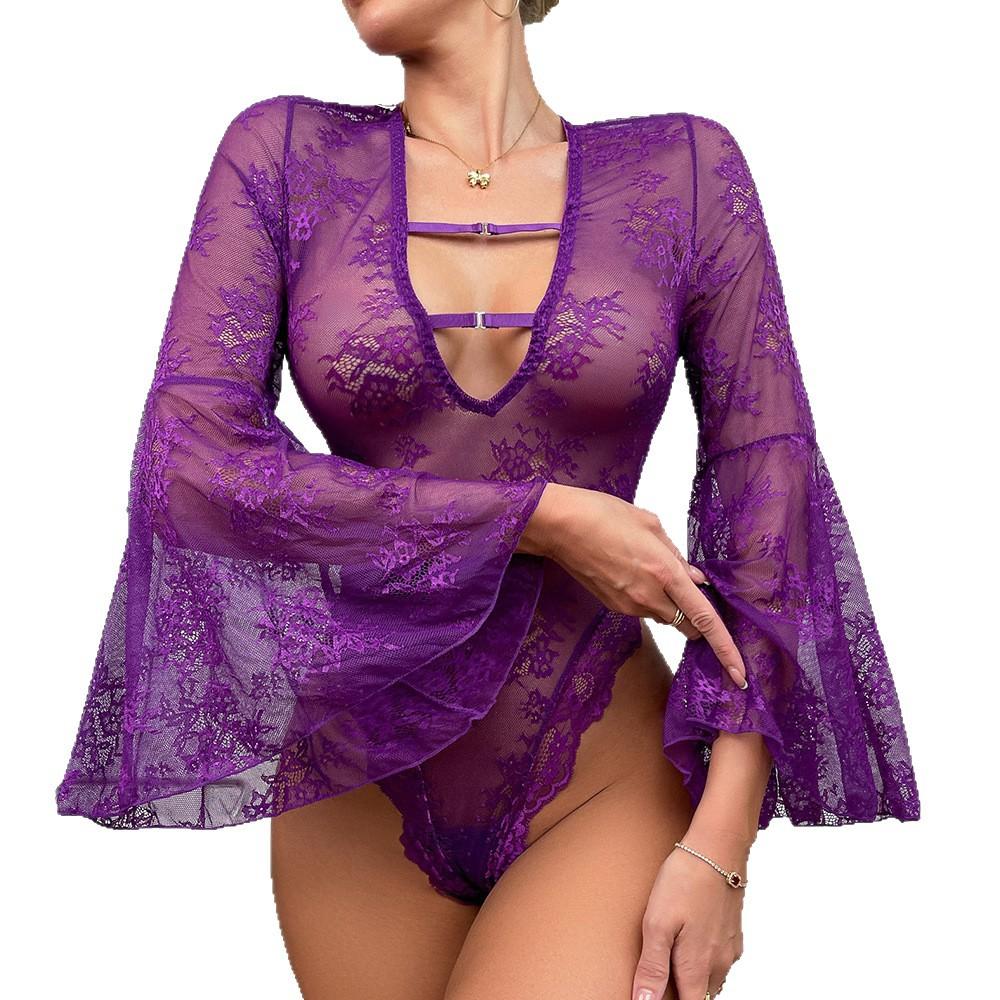 New purple sexy pajamas perspective deep V sex underwear lace horn sleeve onesie