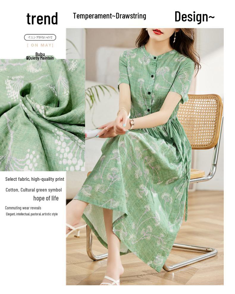 Dámské letní 2025 květinové bavlněné lněné šaty - Krátký rukáv, zeštíhlující pas, dlouhá délka, omlazující, módní ležérní oblečení pro matky