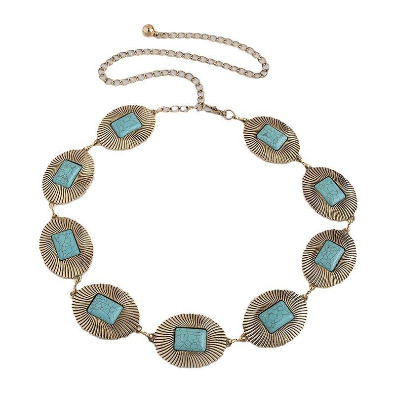 New Western Large Turquoise Retro Bohemian Style Metal Waist Chain Women's Belt