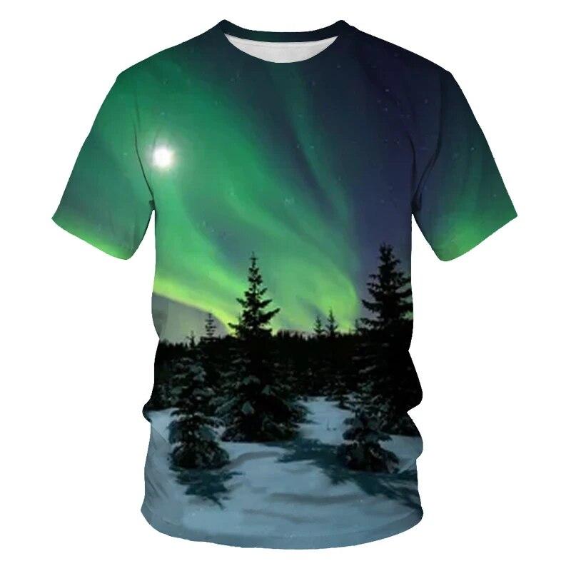 New Nature's Starry Sky Graphic T Shirts Men Fashion Novel Aurora Pattern Tees 3D Printed Casual O-neck Short Sleeve Tops