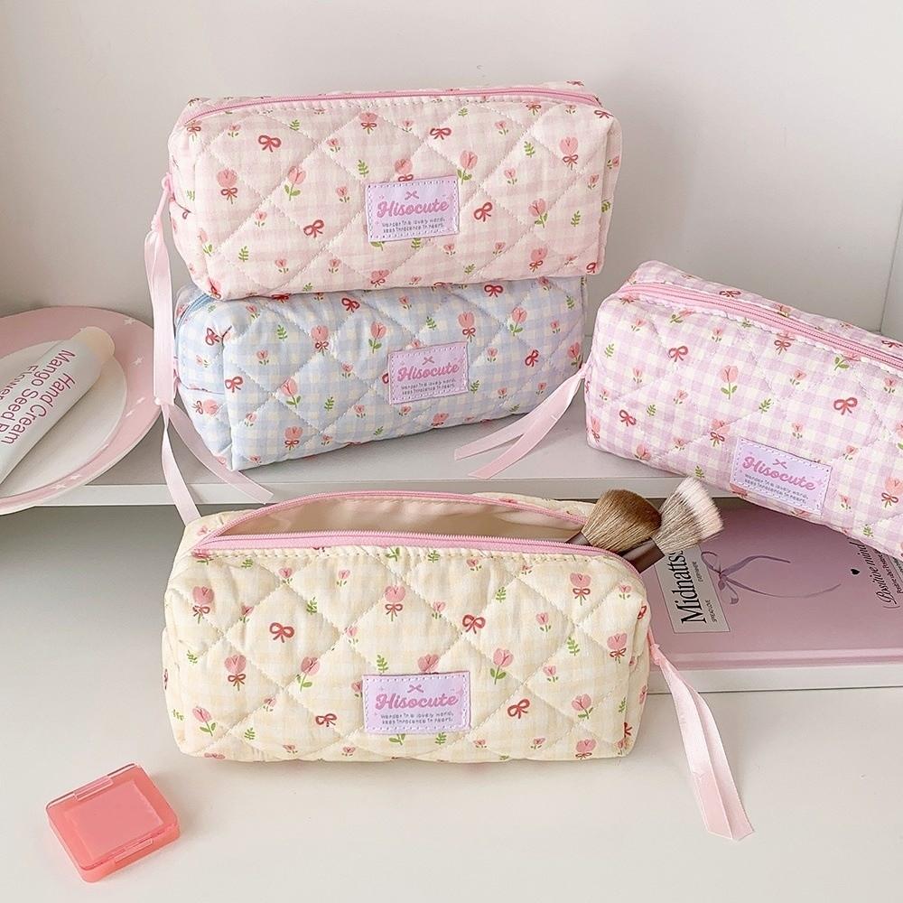 Bow Quilted Pencil Pouch Korean Style Pen Bag Large Capacity Cloth Stationery Bag Kids Children