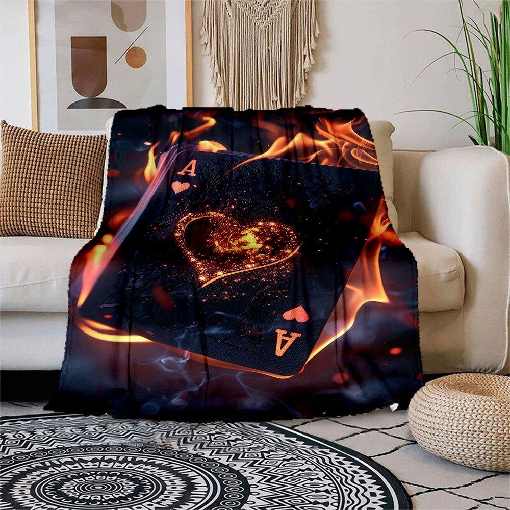 Flaming Heart Ace Playing Cards - Limited Edition Poker DeckBlanket Flannel Throw Blanket for Sofa, Bed, Travel, Camping, Office 100x150cm