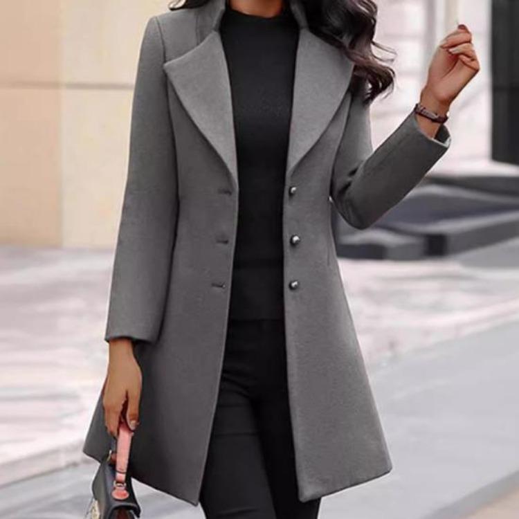 Women Woolen Turn Down Collar Solid Color Single Breasted Slim Fit Thermal Long Sleeve Jacket Coat for Women Commuting Dating Spring