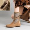 Fashion Cow Suede Rivet Belt Buckle Round Head Low Heeled Short Boots Fashionable Winter Tassel Short Plush Women's Ankle Boots Size 43
