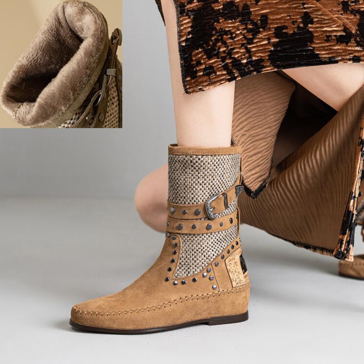 Fashion Cow Suede Rivet Belt Buckle Round Head Low Heeled Short Boots Fashionable Winter Tassel Short Plush Women's Ankle Boots Size 43