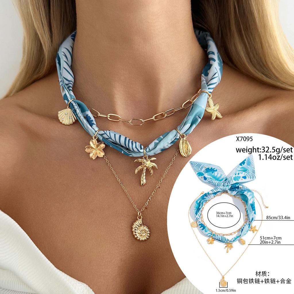 1SET European and American vacation ins shell starfish silk scarf stacked necklace, niche exotic love flower item jewelry women