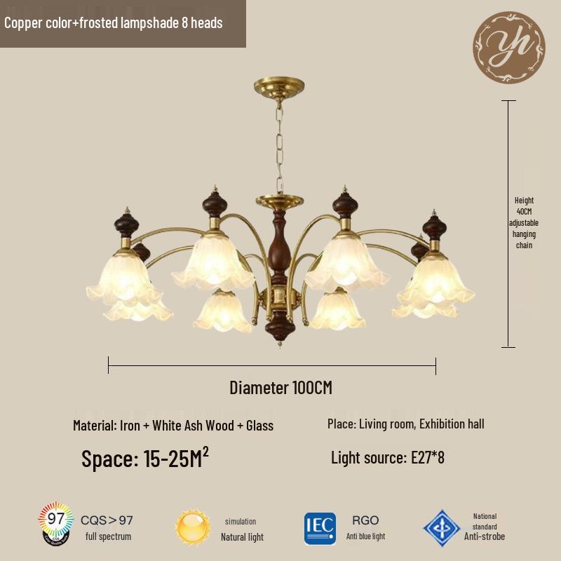 Mid-Century Cream Flower Chandelier with Solid Wood and French Retro Design