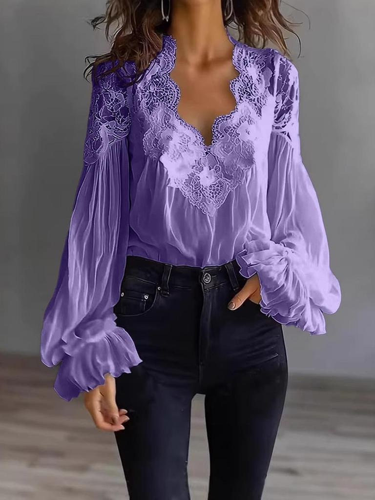 Women's Lace Patchwork Bubble Sleeve Ruffled Shirt