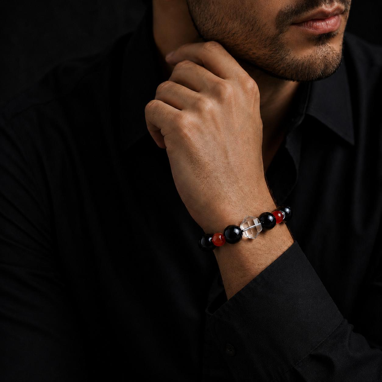Natural 12mm Black Obsidian & Red Agate Bracelet, Double-Pointed Clear Quartz Crystal, Warrior Aesthetic Couples Jewelry Men s Style