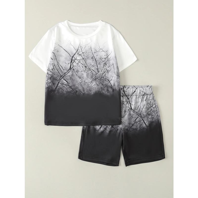 Directional Opening, Hot Sale, Boys' Letter Graffiti Printed Short-Sleeved Shorts Two-Piece Suit, Casual Sports Style