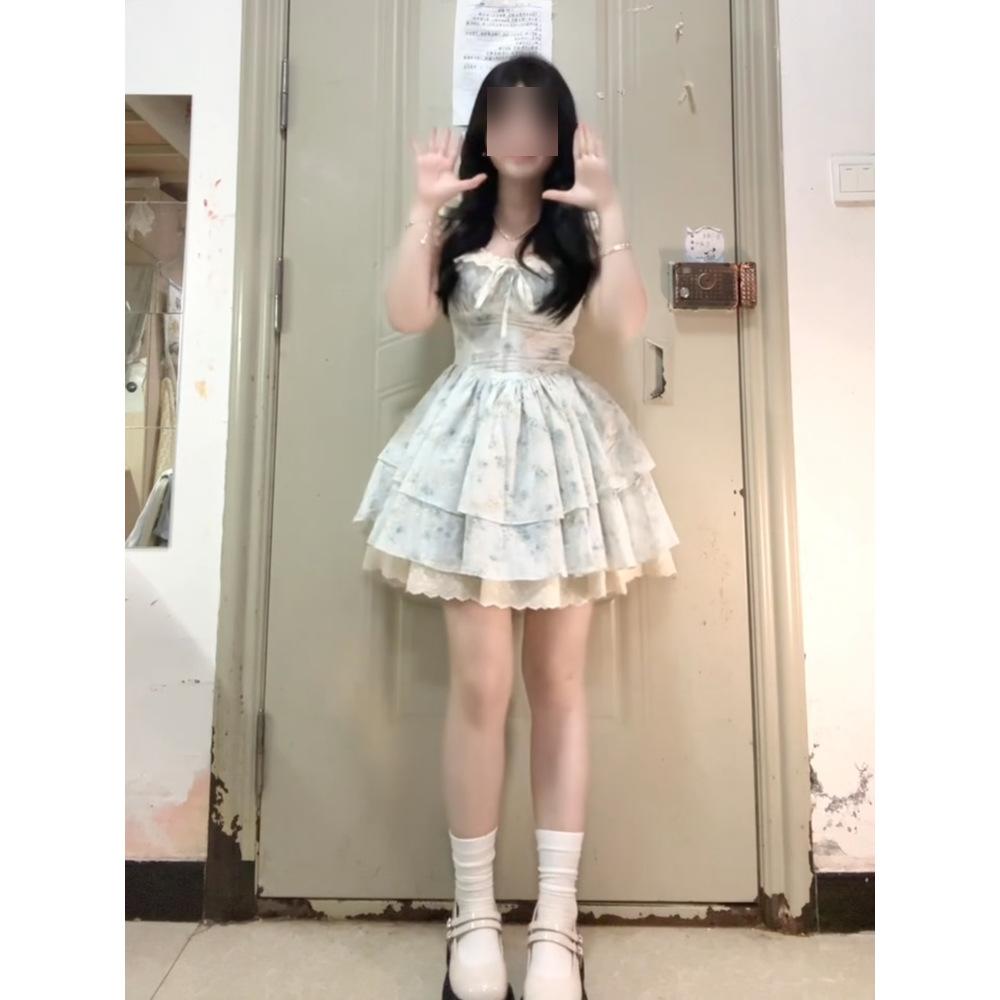 French sweet small flying sleeve floral dress women's summer high sense small lace princess tutu