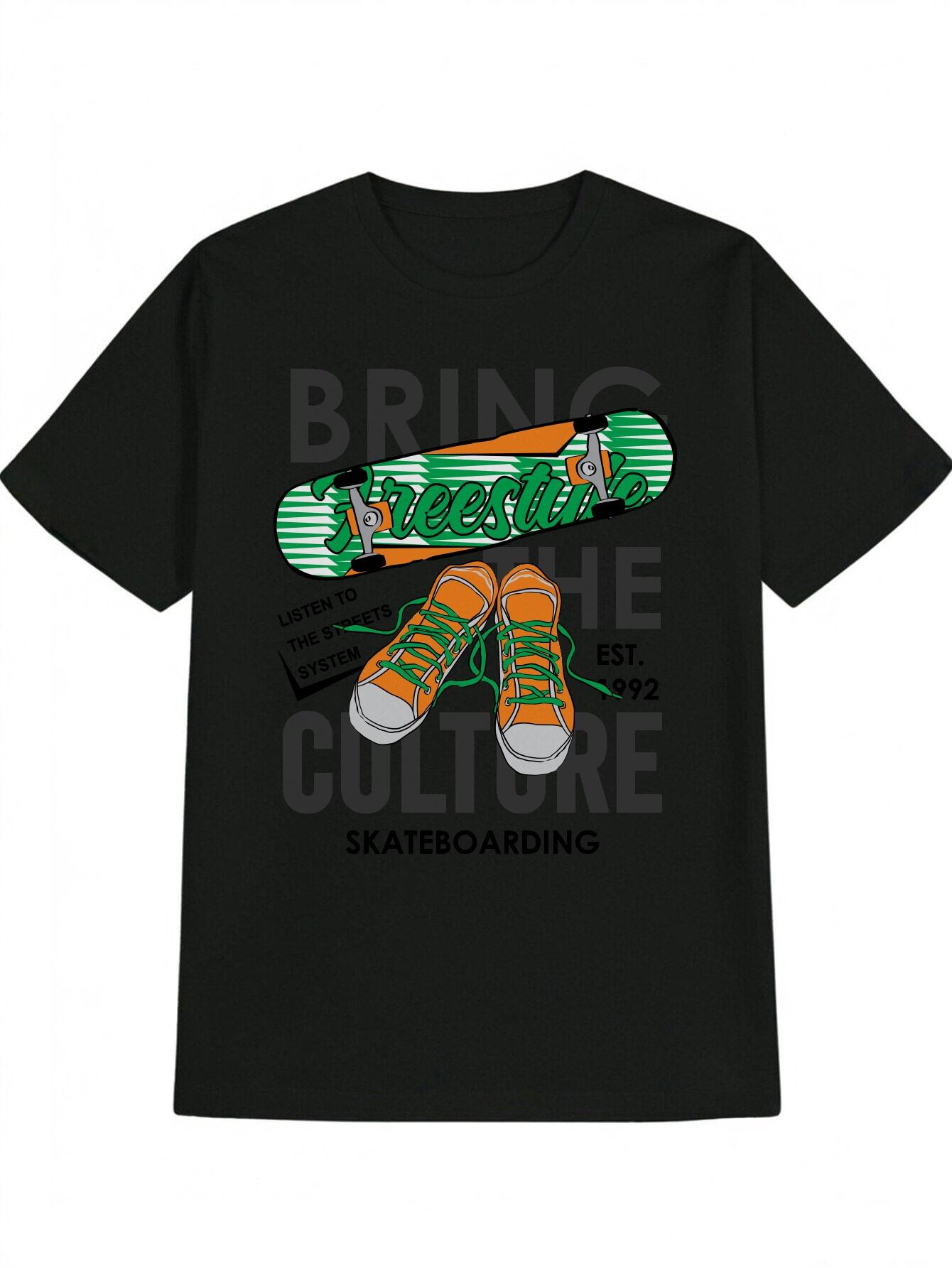Skateboard Graphic T-shirt - Black Casual Round Neck Tee with Bring the Culture Slogan & Sneaker Print S