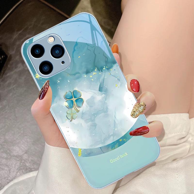 Four Leaf Clover Gradient For IPhone 16 Pro Max 15 Pro 14 13 12 Mini 11 XS Max XR 7 8 Plu SE 2022 Tempered Glass Phone Case