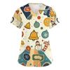 Women's V-Neck Short Sleeve Work Shirt with Pockets Christmas Print Caregiver Uniform Top