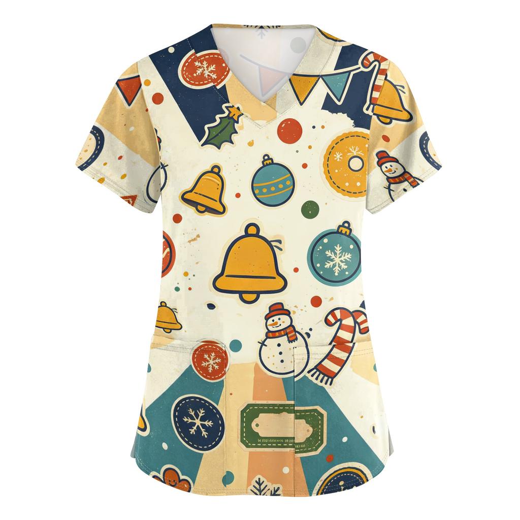 Women's V-Neck Short Sleeve Work Shirt with Pockets Christmas Print Caregiver Uniform Top