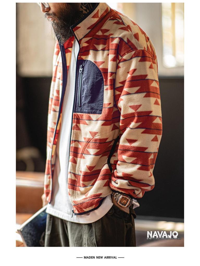 Madden Workwear Navajo Print Men's Fleece Hoodie with Zipper and Stand Collar