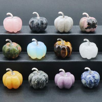 1Pc Pumpkin Shape Natural Stone Ornament Decoration, Quartz Amethyst Agate Gemstone Home Decor, Christmas Halloween Mini Furnishings Gifts 22x30 Mm