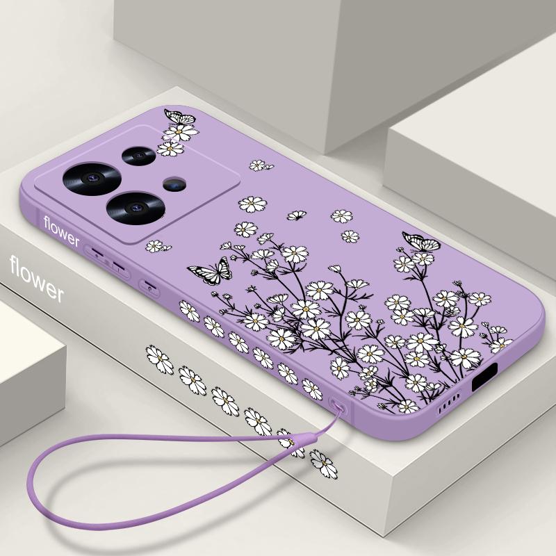Flower Butterfly Print Myk Slim Case For Xiaomi 13T Poco X6 F6 X5 Redmi Note 13 12 11 Pro 10 Lens Beskyttelse Støtsikker Silikon lanyard telefondeksel