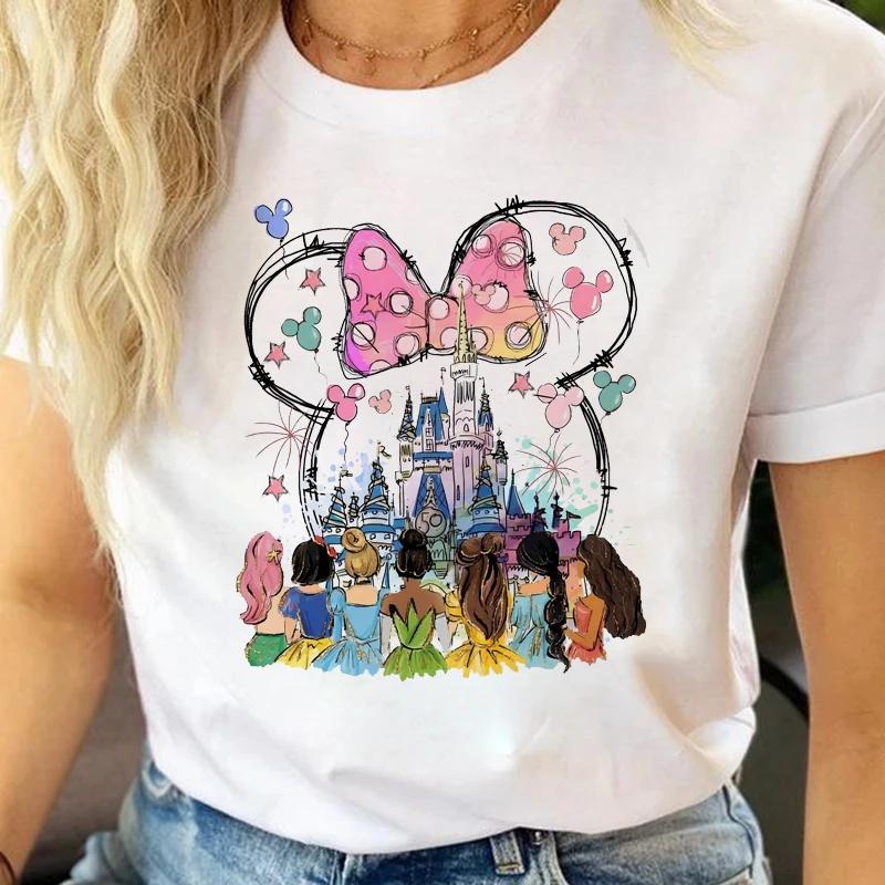 Fashion Cartoon Princess Printed T Shirt Watercolor Magic Castle Princess Women T Shirt Short Sleeves Crew Neck FeUnisex Clothes