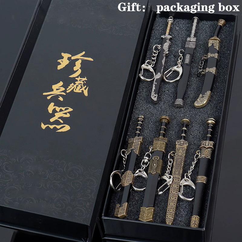 Sada starověkých zbraní v čínském stylu Mnoho modelů kovových pochev slavných starověkých mečů Klíčenka Malé neotevřené zbraně s čepelemi